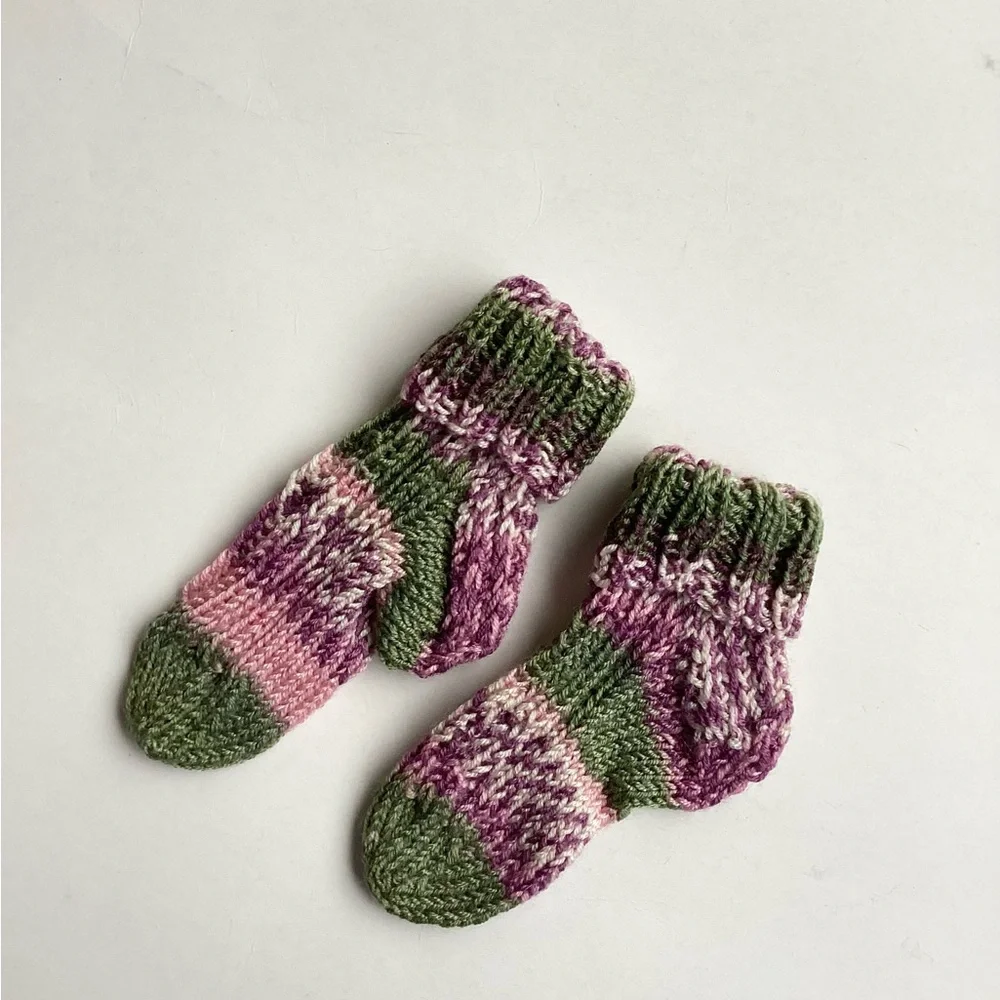 Baby Socks Hand Crafted Green Pink Purple Knit